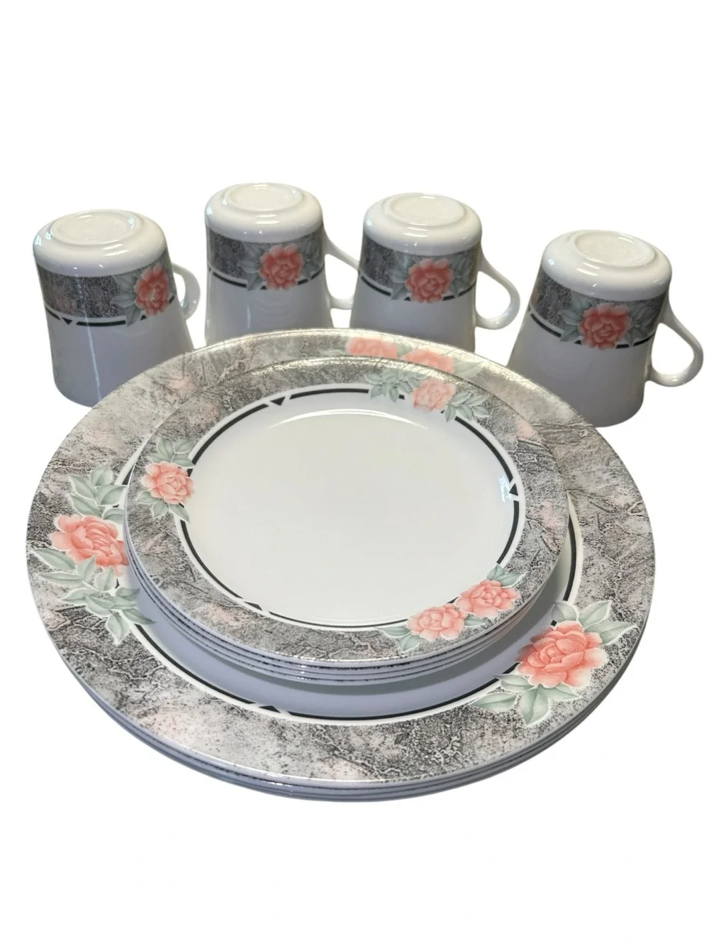 Vintage 90s CORELLE by Corning Silk & Roses 16-PC Dinnerware Set, Pink Black